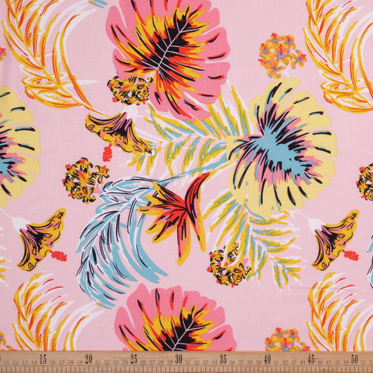 FIBRANA LINO ESTAMPADO ROSA CLARO ARANA FLORES Y HOJAS MULTICOLOR