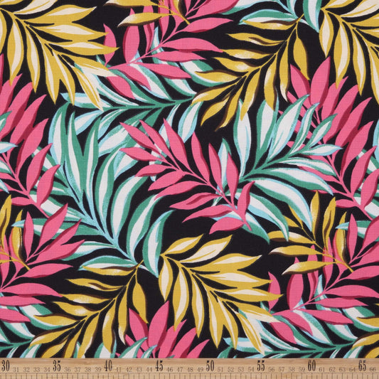 FIBRANA LINO ESTAMPADO NEGRO METEORITO HOJAS COLORIDAS