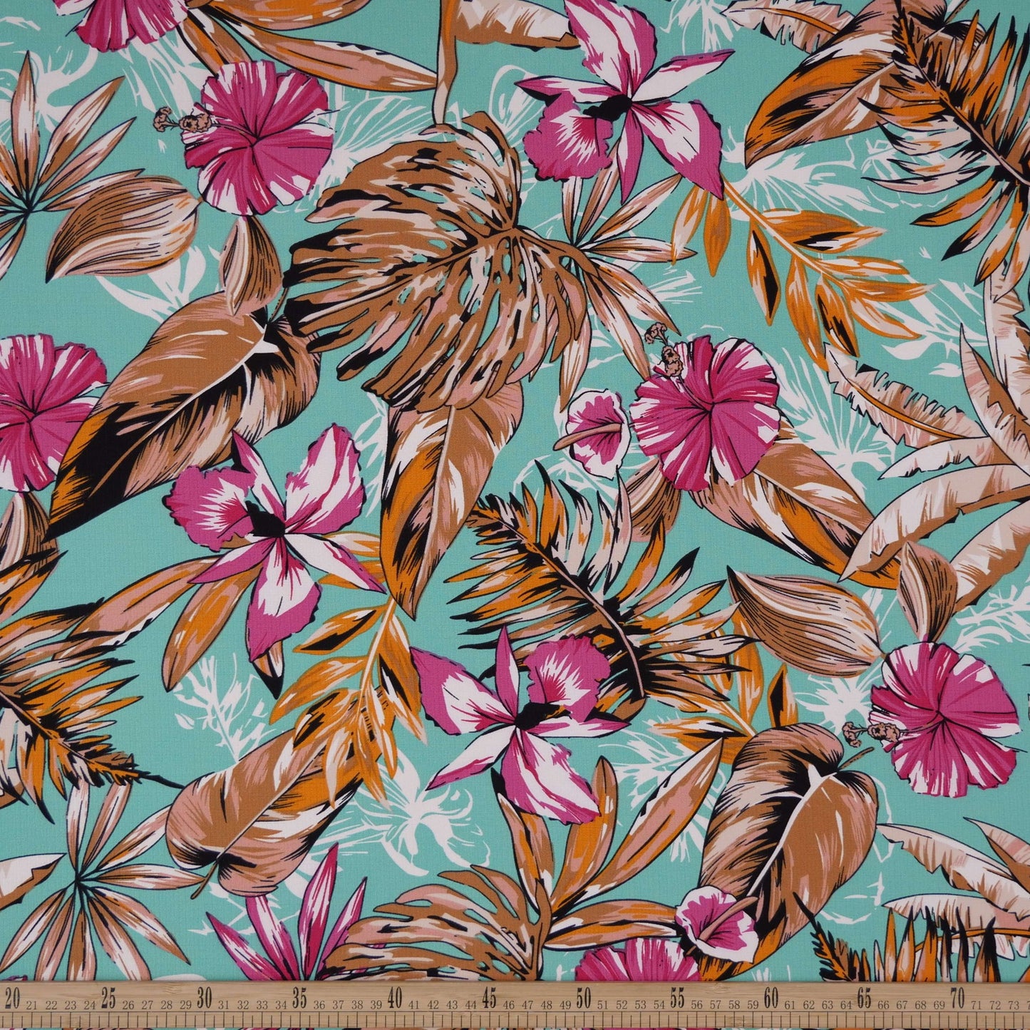 FIBRANA LINO ESTAMPADO AGUAMARINA TEAL FLORES DE HIBISCO Y HOJAS EXOTICAS