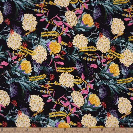 FIBRANA LINO ESTAMPADO NEGRO METEORITO FLORAL BOTANICO