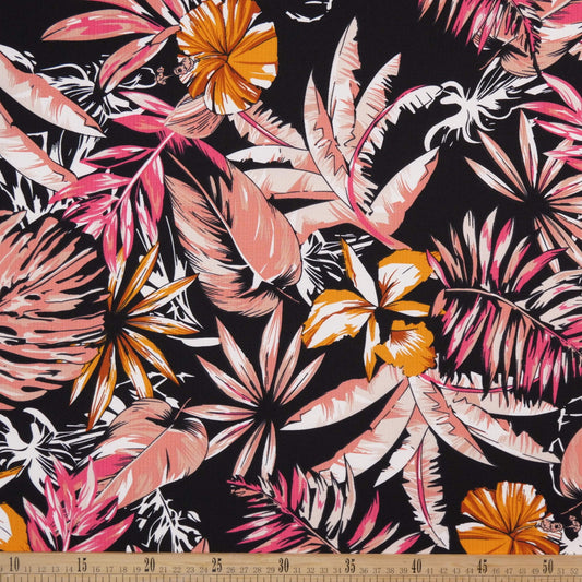 FIBRANA LINO ESTAMPADO NEGRO METEORITO HOJAS EN NARANJA, CORAL Y FUCSIA
