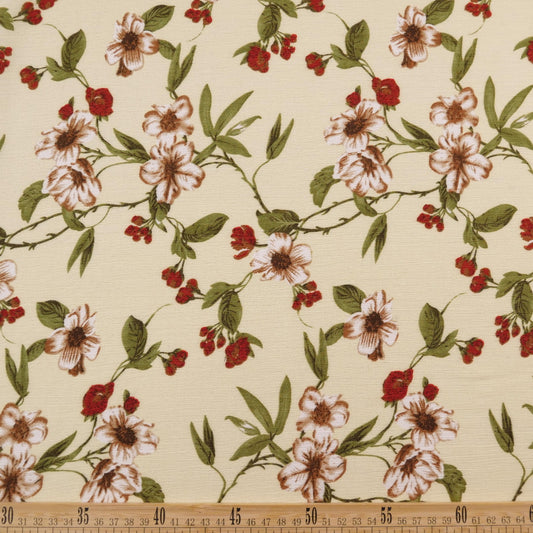 FIBRANA CREPE ESTAMPADA AMARILLO CERA CON RAMA Y FLORES ROJAS Y ROSAS