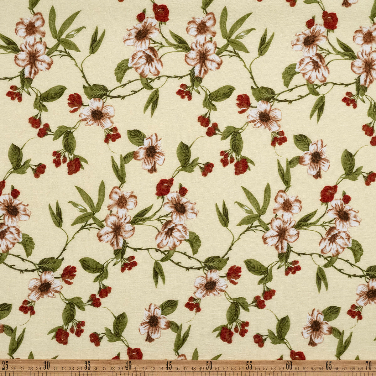 FIBRANA CREPE ESTAMPADA AMARILLO CERA CON RAMA Y FLORES ROJAS Y ROSAS