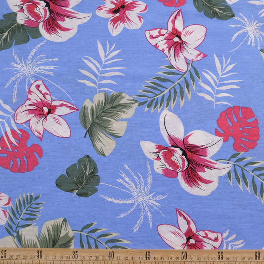 FIBRANA CREPE ESTAMPADA AZUL VISTA FLORAL DE HIBISCO Y HOJAS