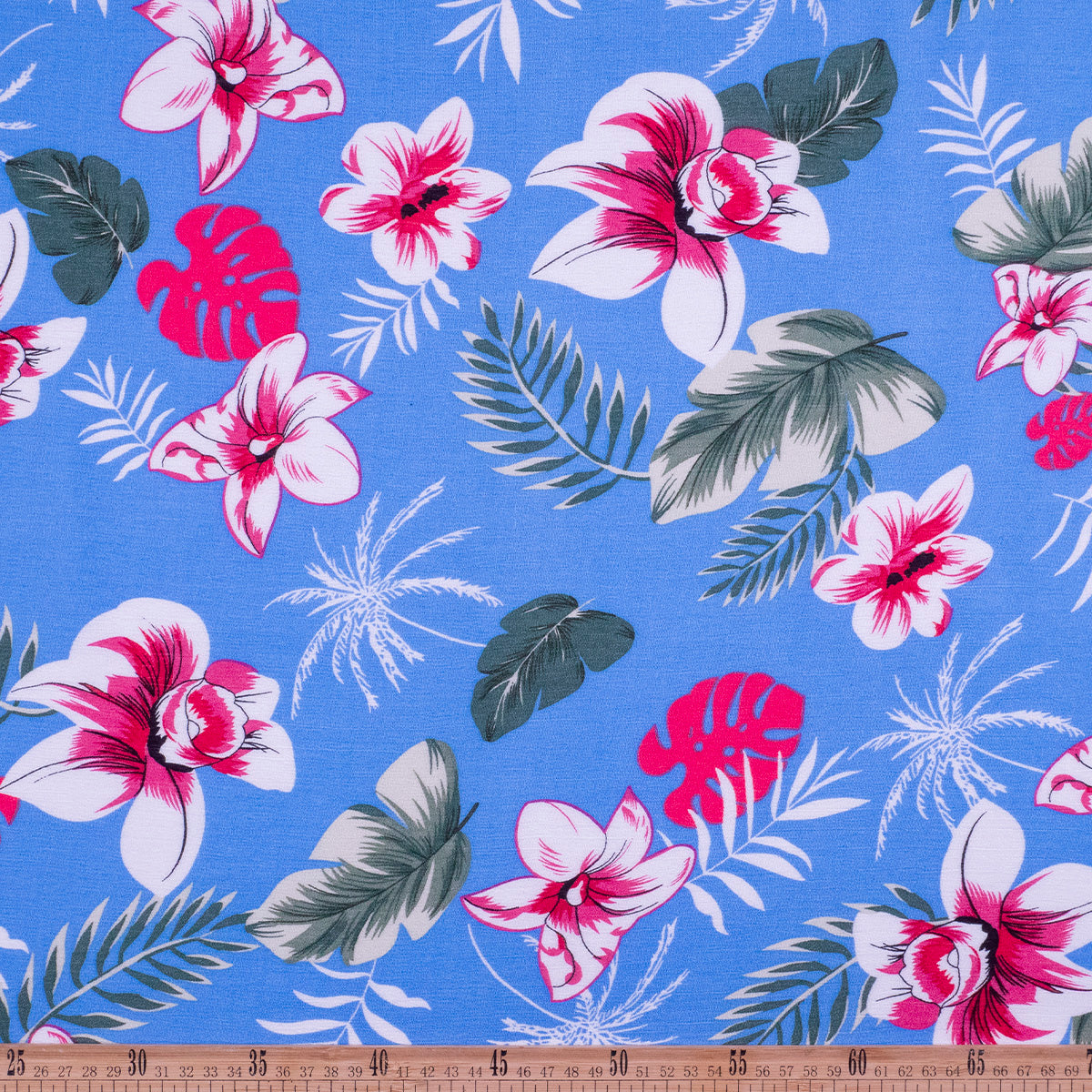 FIBRANA CREPE ESTAMPADA AZUL VISTA FLORAL DE HIBISCO Y HOJAS