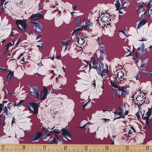 FIBRANA CREPE ESTAMPADA VIOLETA CARMIN FLORES GRANDES EN ROSA