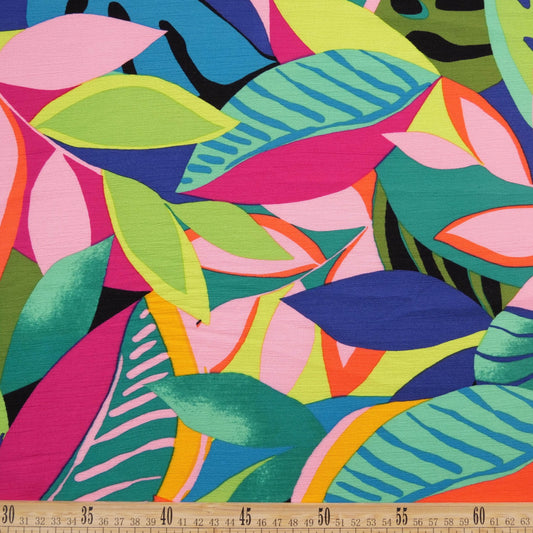 FIBRANA CREPE ESTAMPADA FUCSIA CABARET HOJAS COLORIDAS