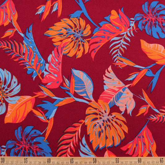 FIBRANA CREPE ESTAMPADA ROJO BARBADOS HOJAS CON COLORES VIBRANTES