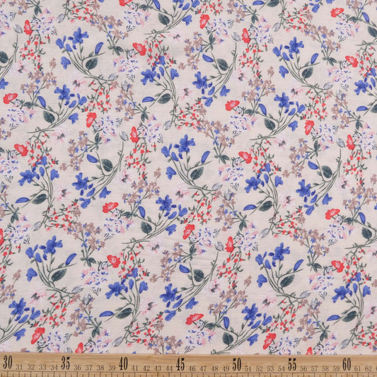 FIBRANA CREPE ESTAMPADA BLANCO PAPIRO FLORES SILVESTRES AZULES Y ROJAS