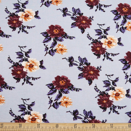 FIBRANA CREPE ESTAMPADA CELESTE POLVO FLORAL BORDO Y BEIGE
