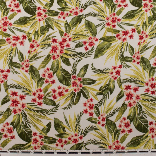 FIBRANA CREPE ESTAMPADA BLANCO BRILLANTE FLORES ROJAS Y HOJAS VERDES