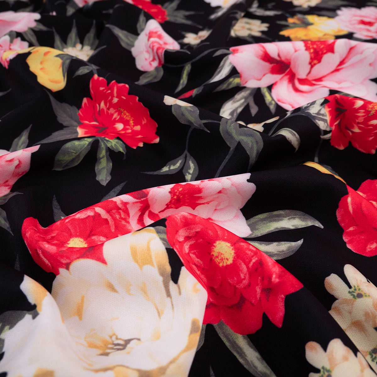 TWILL STRETCH LIGHT ESTAMPADO NEGRO METEORITO FLORES COLORIDAS