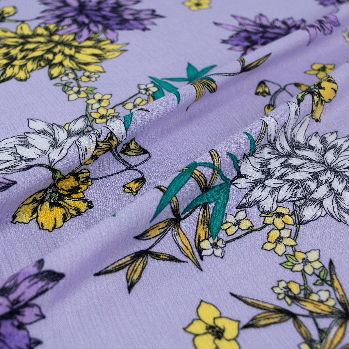 FIBRANA CREPE ESTAMPADA LILA EASTER CON FLORES COLORIDAS